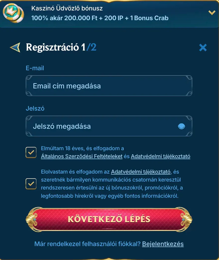 Regisztráció az AquaSpins kaszinóban