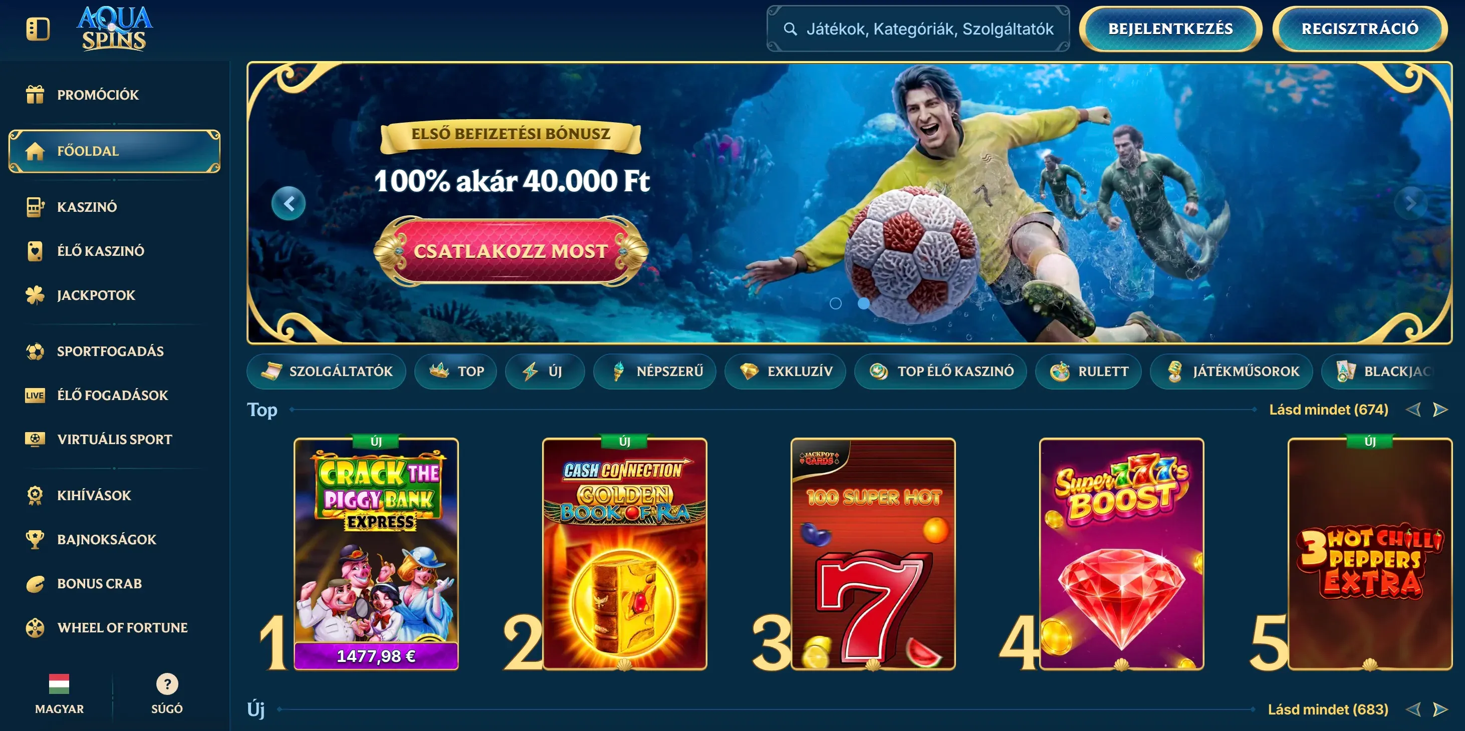Az AquaSpins casino hivatalos oldala